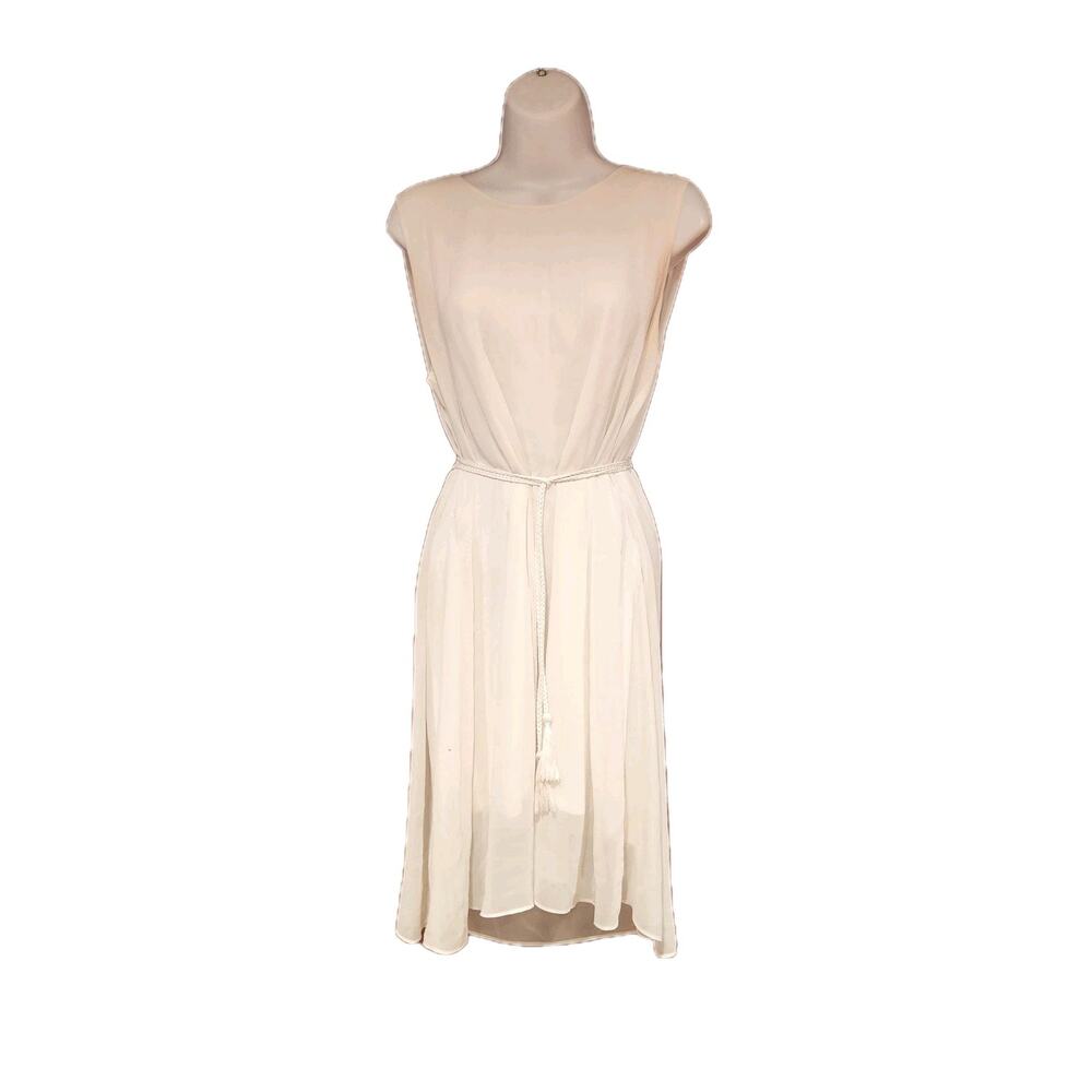 Mika & Gali White Chiffon Summer Midi Dress With Rope‎ Belt Sz M